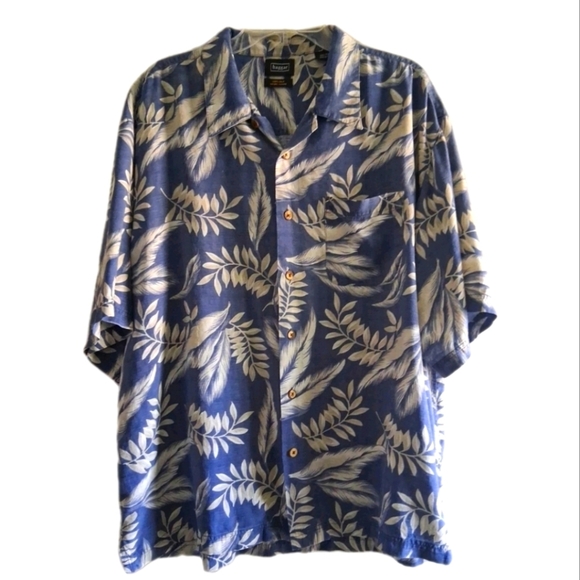 Vintage Silk Hawaiian Button Down Casual Shirt XXL Blue White Palm Leaf - Picture 1 of 6